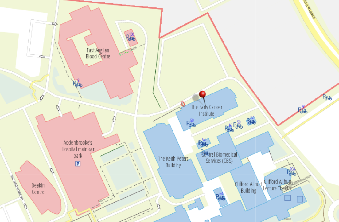 University of Cambridge map showing Early Cancer Institute